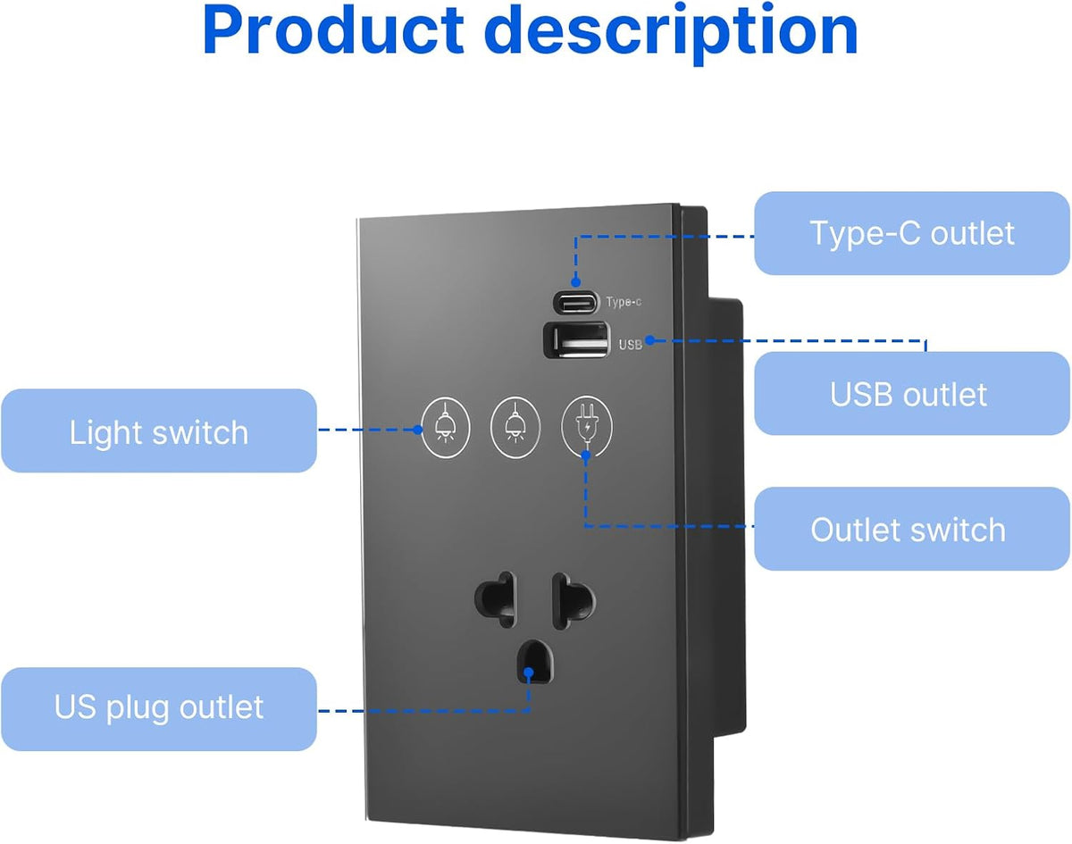 2.4GHz WiFi Light Switch with Type-C USB Power Outlet Neutral Wire Required 2 Way Control Tempered Glass Panel Timing Light Switch APP Voice Remote Control Smart Home Devices