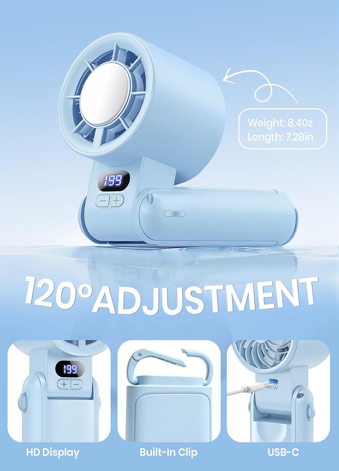 Portable Handheld Turbo Fan, 1-199 Speed Adjustable, Blue | 4 IN 1 Pocket Design with LED Display, High-Power Motor, Rechargeable Battery, Mini Fans for Indoor/Outdoor/Travel/Work