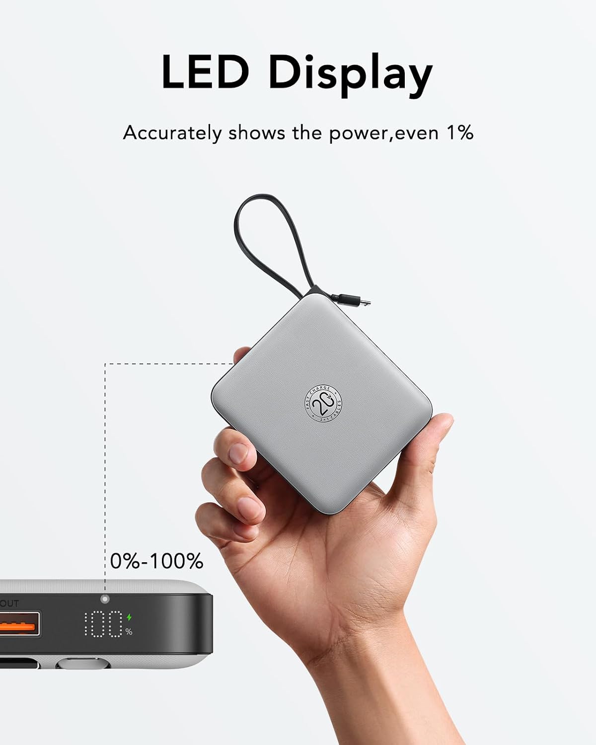 VRURC Portable Charger with Built-in Cables, 10000mAh 22.5W Fast Charging | Compact Battery Pack with LED Display, Cell Phone Power Bank for iPhone 17/16/15 Series , Samsung Galaxy & USB-C Devices,Grey