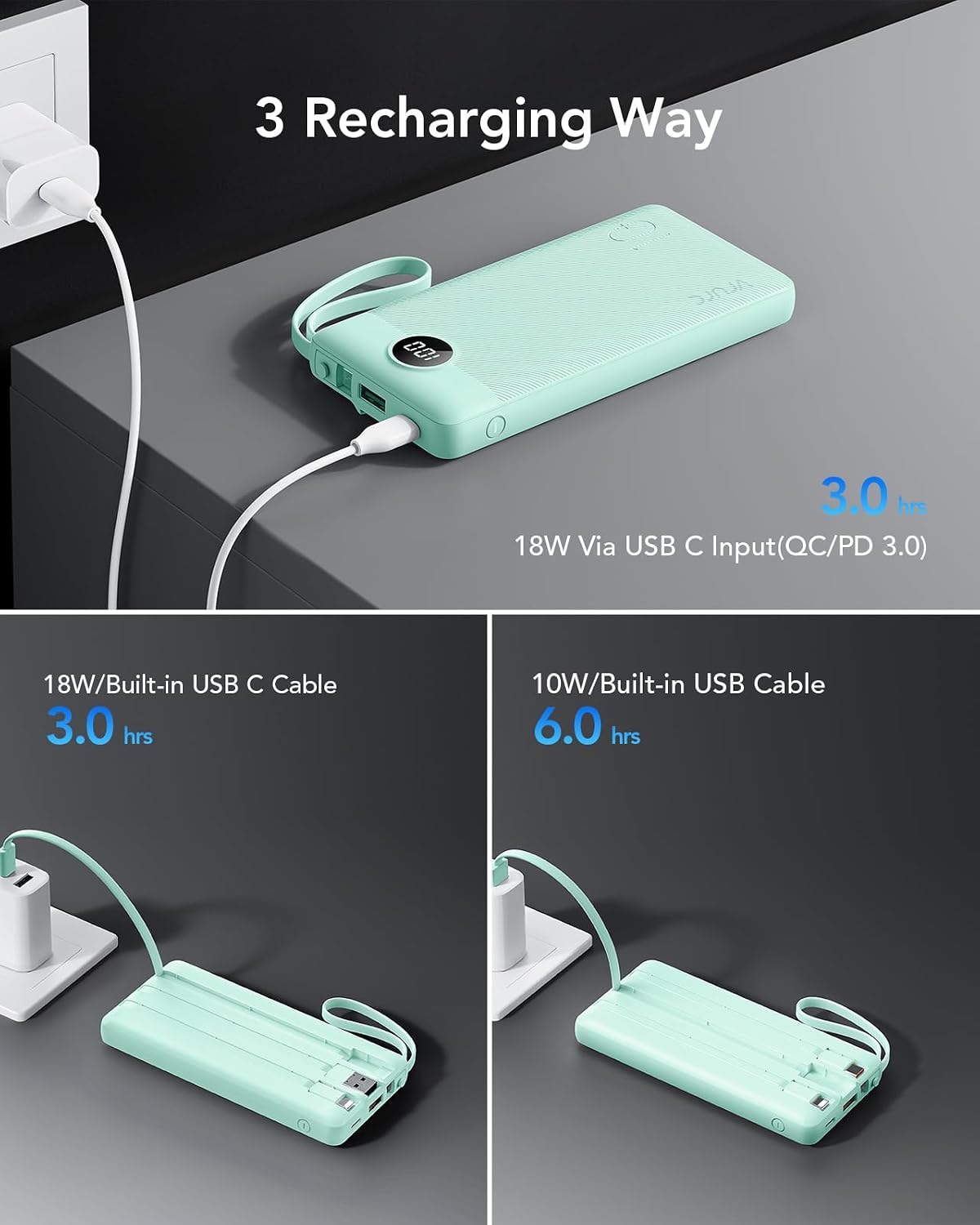 VRURC Portable Charger, 22.5W Fast Charging Power Bank Built‑in 4 Cables | 10000mAh Slim Lightweight Travel Battery Pack for iPhone, Samsung & Multi Devices, Pocket‑Friendly with Lanyard-Green(1 Pack)