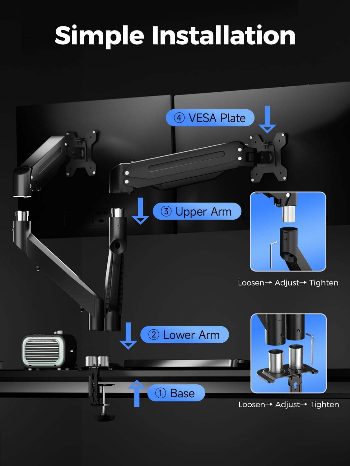 Suptek Dual Monitor Mount Stand-Height Adjustable Gas Spring Monitor Arm Desk Mount for 2 Computer Screens 17 to 35 inches - Each Arm Holds up to 24.25lbs,Black(MD8SP)