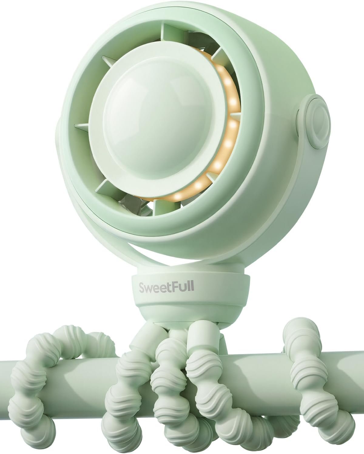 SWEETFULL Baby Stroller Fan, Safe Portable Fan, 15H Use, Nightlight - Green | Pinch-Proof Design; 4000mAh Rechargeable; Stable Mini Clip On Fan; 360° Adjustable; 4-Speed Quiet; LED Display; Car Seat Crib