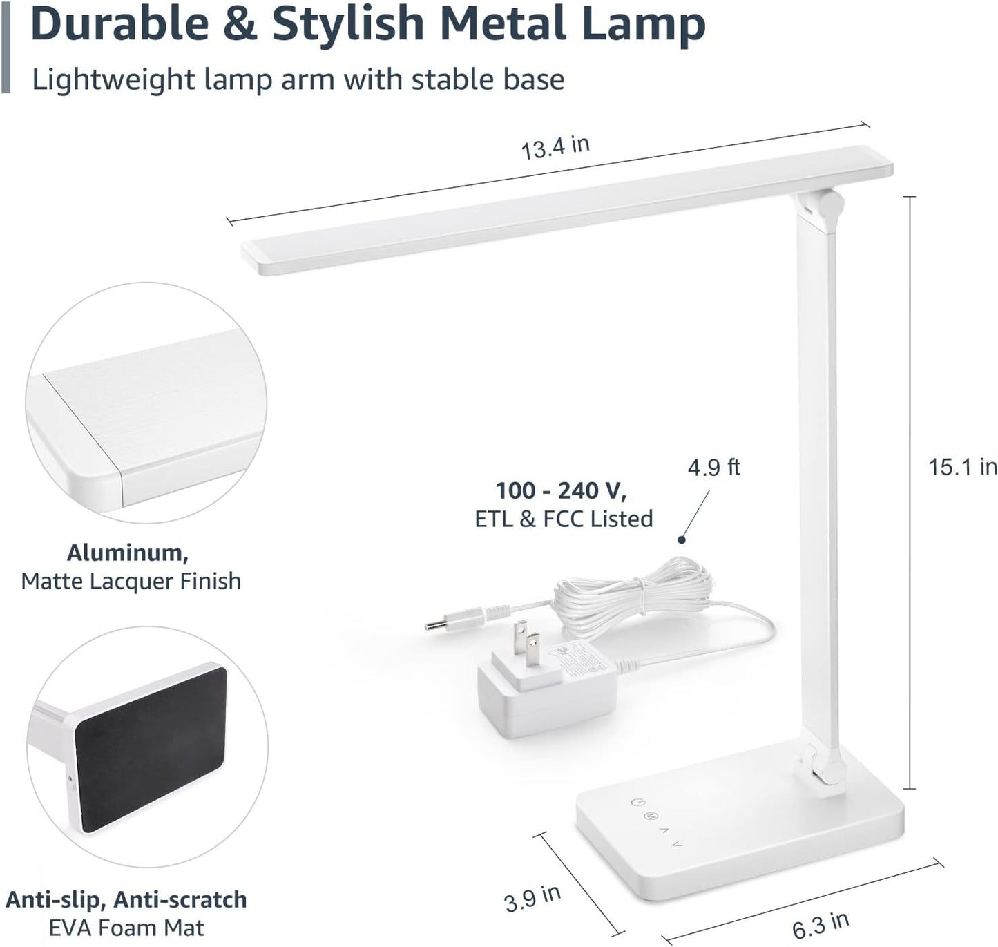 Lepro LED Desk Lamp 9.5W 800lm, Metal Desk Light for Home Office, White | 5 Colors 5 Brightness, Dimmable Task Light, Eye Caring, Home Office Desktop Lamp for Reading, Crafting, Sewing, Puzzle, Nail