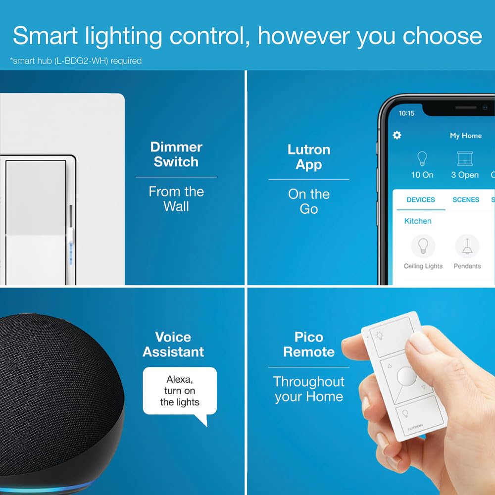 Lutron Caseta Diva Smart Dimmer Switch (Smart Hub Required), No Neutral Req | For Caseta systems, no neutral required, soft glow light bar, single-pole/3-way, DVRF-6L-BR, Brown