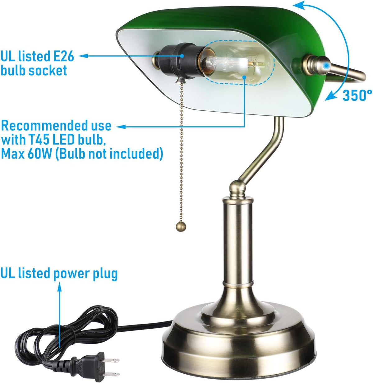TORCHSTAR Green Glass Bankers Desk Lamp with Pull Chain, E26 Base | Brass Finish Base, Antique Traditional Library Lamp for Office Study Room, Bulbs not Included