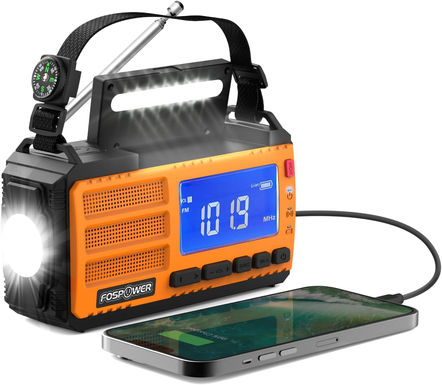 FosPower NOAA Emergency Weather Radio A1 7400mWh Portable Power Bank, AM/FM, USB/Solar/Hand Crank Charging, Battery Operated, SOS Alarm & Flashlight for Indoor/Outdoor Emergency - Orange