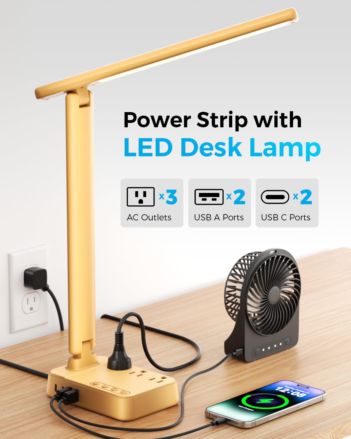 LED Desk Lamp with Power Strip, 3 AC Outlets, 4 USB Ports, Stepless Dimming