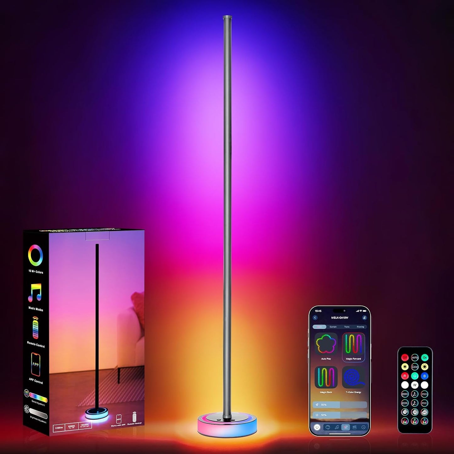 Smart Corner Floor Lamp, RGBICW LED Standing Lamp with App Control, 16 Million Colors with Music Sync, Dimmable Ambient Light for Bedroom, Living Room, Home Decor (Black)