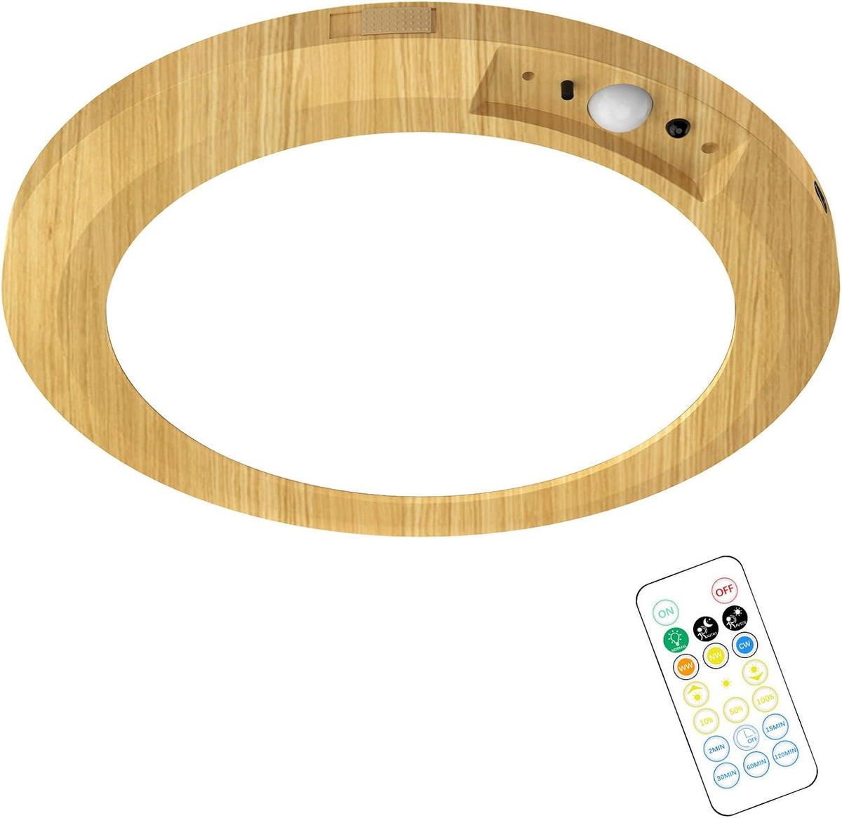 Battery Operated LED Celling Lights Fixture with Auto Motion Sensor, Smart Body Sensor Ceiling-Mounted Lamps with 3 Colors/Brightness, Motion Detection Magnetic Celling Lights for Closet Shower-Wood