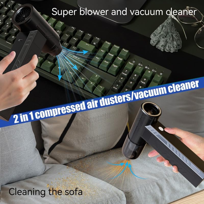 Compressed Air Duster 480000RPM Electric Air Duster Variable Speed 580G 4 Gear Adjustable Rechargeable Cordless Jet Dry Blower Turbo Fan Dryer Air Blower Mini Car Vacuum Cleaner Army Green