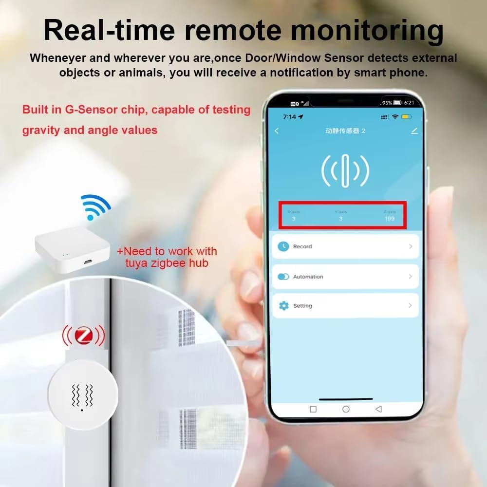 Haozee Smart Vibration Sensor Alarm, Real-time Monitoring | Door/Window Vibration Detection Alarm for Home Security, App Remote Control,Supports Home Assistant Zigbee2MQTT