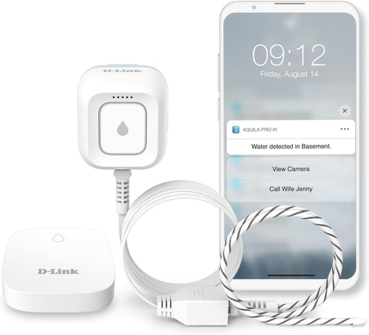 D-Link Next-Gen WiFi Water Leak Detector Starter Kit with 2 sensors—Loud 100 dB Sound Alarm—App Alert—LED Strobe Light—No Hub Required—Works with Google—1000ft Ultra-Long Range—Expandable (SW-A11KT)
