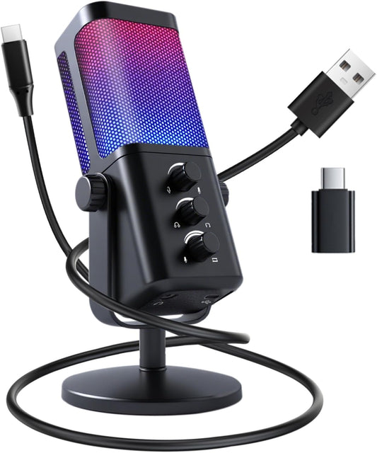 VCOM USB Microphone for PC, RGB Gaming Microphone with Mute Button, Gain Control, Monitoring Headphone 3.5mm Jack, PC Mic for Gaming, Streaming, Podcast, VoiceOver, Recording