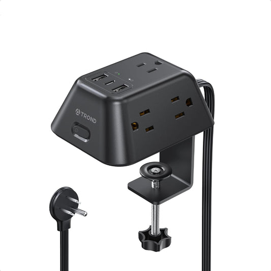 TROND Desk Clamp Power Strip with 5 AC Outlets and 3 USB Ports, Black | Desk Mount Charging Station, Fit 1.97in Tabletop Edge Thick, 1440J, 6FT Extension Cord, for Home Office Gaming Accessories