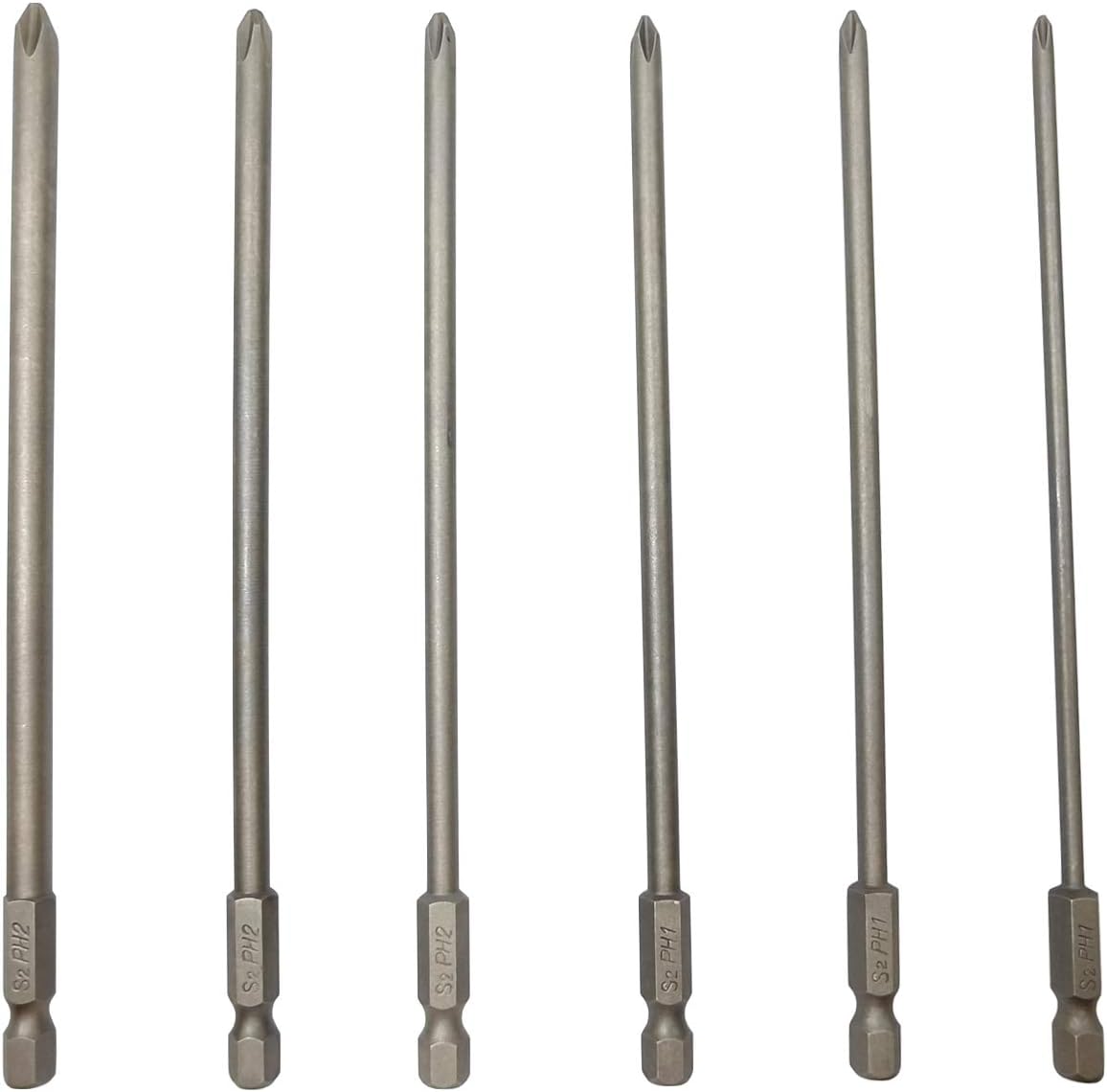 YDLQWCZ Long Phillips Cross Screwdriver Bit Sets PH1(Φ3.0) PH1(Φ4.0) PH1(Φ4.5) PH2(Φ4.5) PH2(Φ5.0) PH2(Φ6.0) 6 Pieces 6 Inch Length S2 Steel Cross Phillips Screwdriver Bit Set(6Pcs Cross Head)