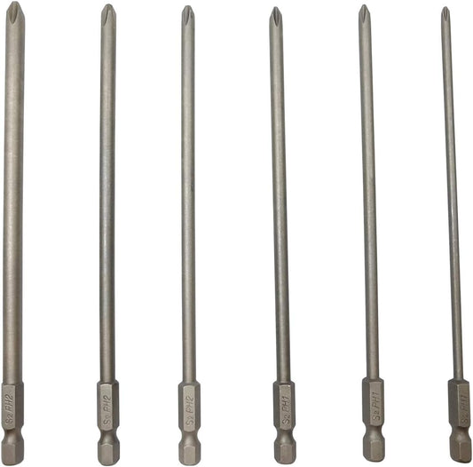 YDLQWCZ Long Phillips Cross Screwdriver Bit Sets PH1(Φ3.0) PH1(Φ4.0) PH1(Φ4.5) PH2(Φ4.5) PH2(Φ5.0) PH2(Φ6.0) 6 Pieces 6 Inch Length S2 Steel Cross Phillips Screwdriver Bit Set(6Pcs Cross Head)