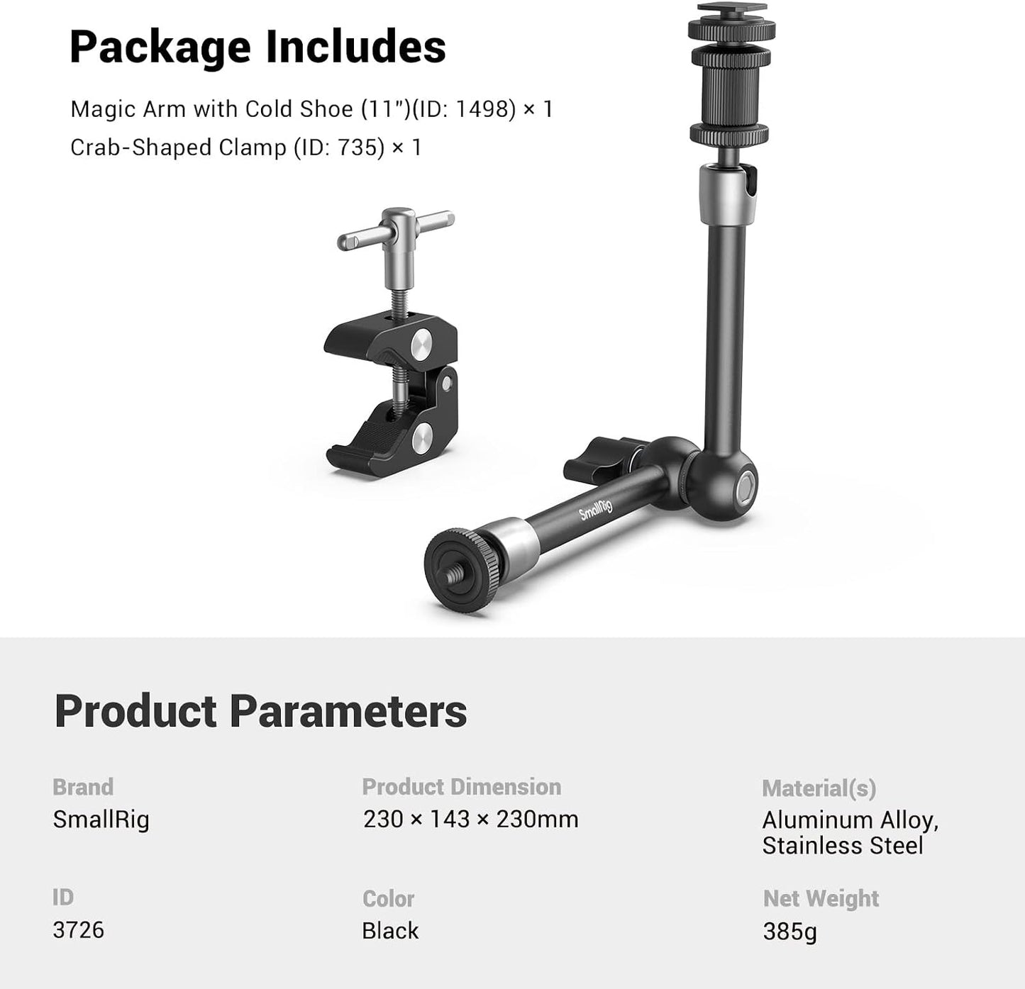 SMALLRIG 11'' Articulating Magic Arm and Clamp w/ 1/4" and 3/8" Thread, Adjustable Friction Power Camera Mount with Cold Shoe Mount for Monitor, LED Lights, Mic, for DJI/Insta360 Action Cameras - 3726