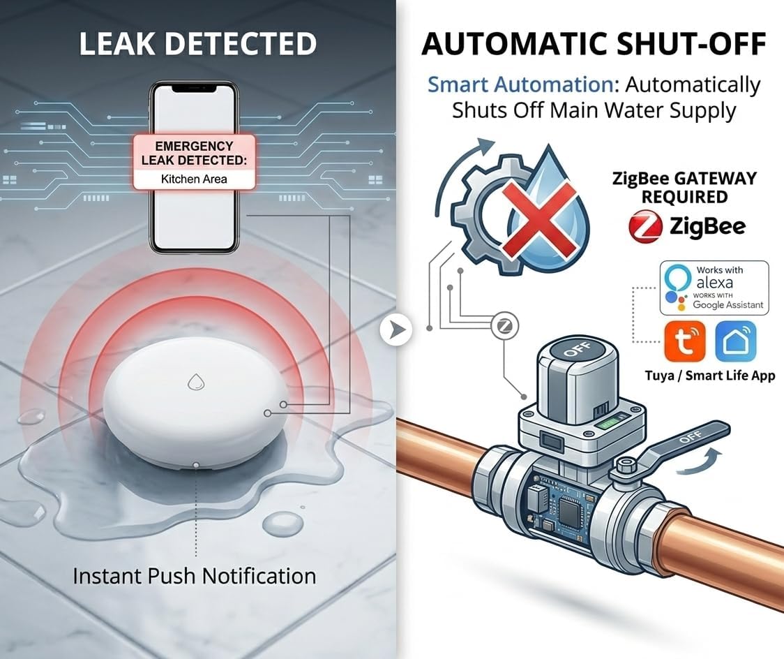 Tuya ZigBee Smart Water Leak Sensor with Built-in Alarm, IP54 Water-Resistant Flood Detector, App Notification &amp; Remote Monitoring, Compatible with Alexa &amp; Google Home (ZigBee Hub Required)