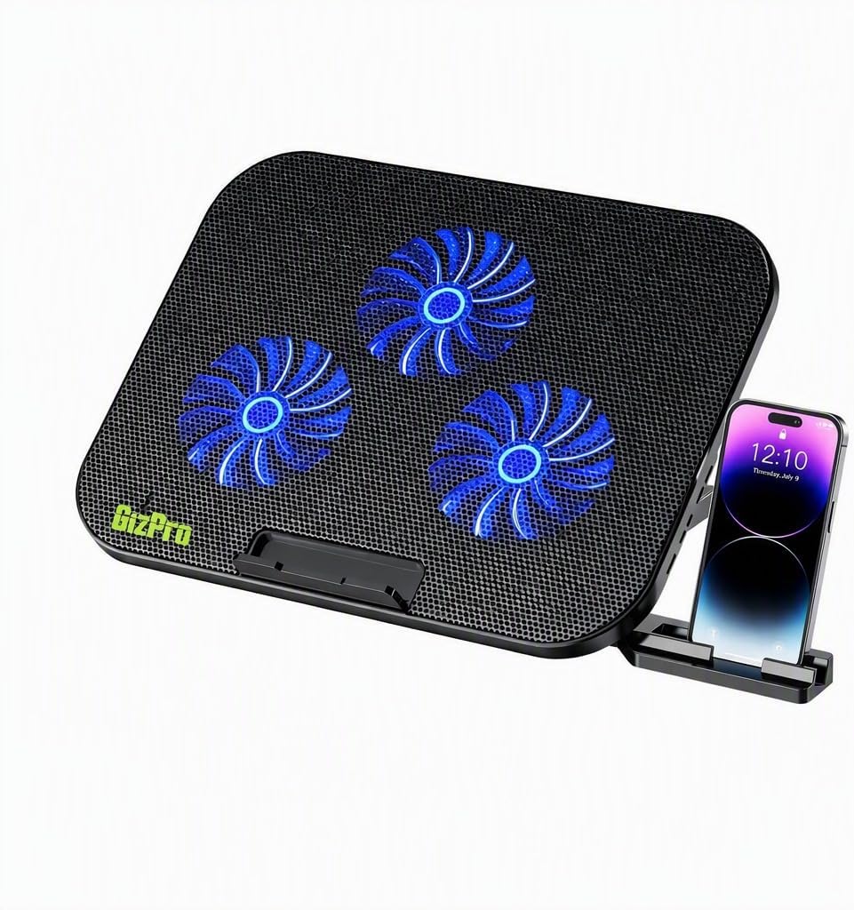 Laptop Cooling Pad with 3 Quiet Fans, 5-Level Height Adjustable Ergonomic Stand, 2 USB Ports & Phone Holder, Fits 12-17 Inch Laptops, Family-Friendly for Gaming/Work/Online Class