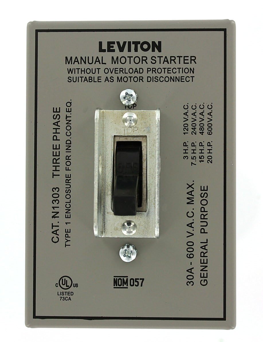 Leviton 30 Amp, 600 Volt, Toggle Three-Pole AC Motor Starter, Suitable as Motor Disconnect, In Type 1 Metal Enclosure, Industrial Grade, Grounded, N1303-DS, Gray