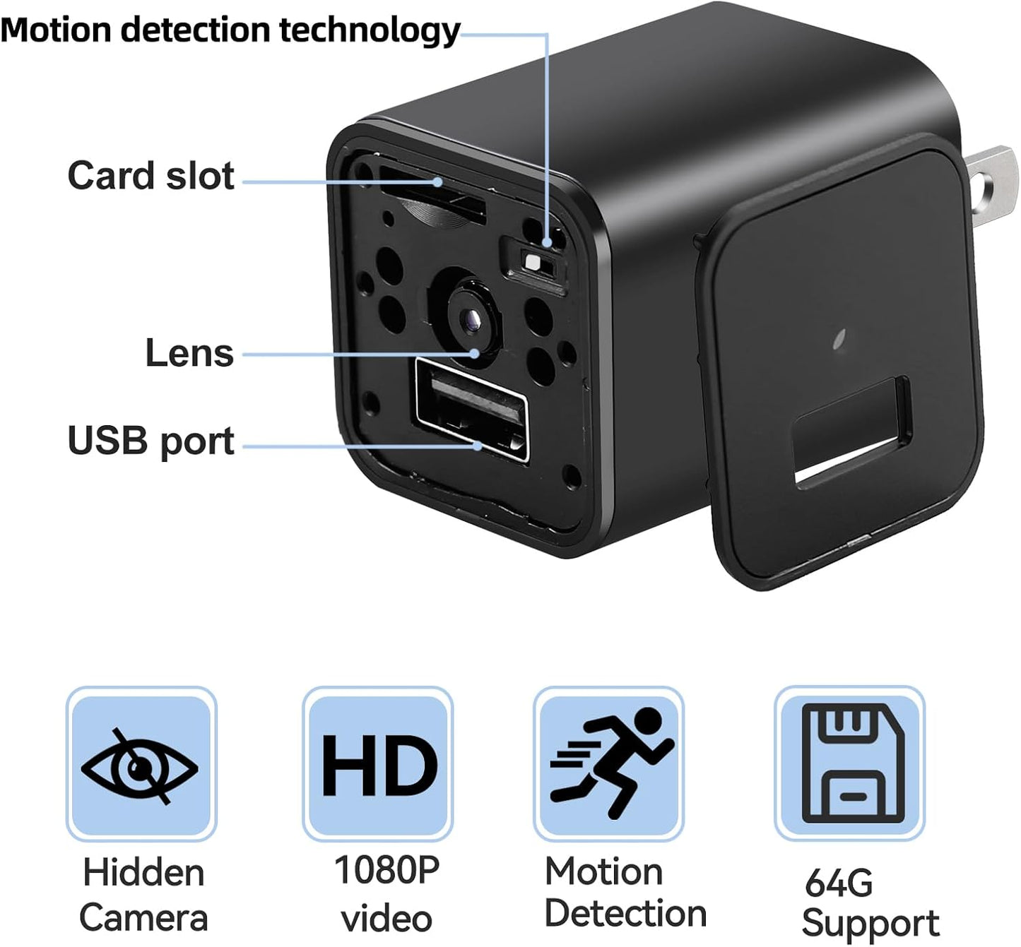 Charger Camera, 1080P Small Camera with Motion Detection, Camera with 64GB Micro SD Card Included, Nanny Camfor Home, Window, Indoor and Security (No WiFi)