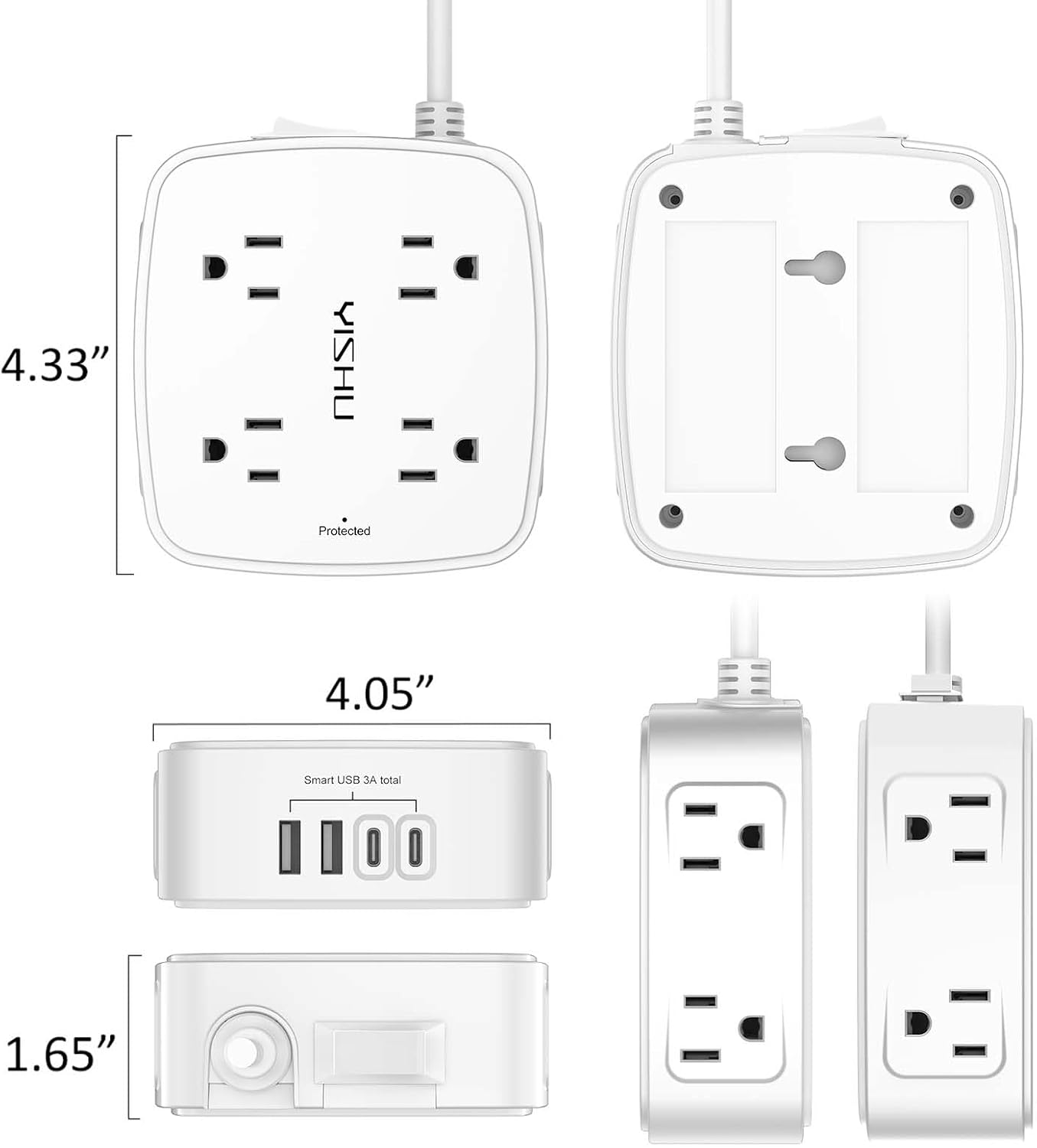 6 Ft Surge Protector Power Strip - 8 Widely Outlets with 4 USB Ports, 3 Side Outlet Extender with 6 Feet Extension Cord, Flat Plug, Wall Mount, Desk USB Charging Station, ETL,White