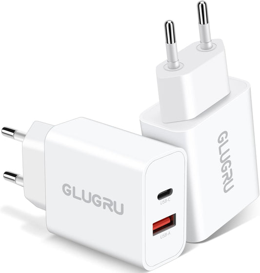European Travel Plug Adapter, GLUGRU 2Pack 20W Dual Port USB C Wall Charger | Type C Fast Charging Block,International Power Adapter,US to Europe Travel Essentials,for iPhone 17 16 15 14 13 iPad Android