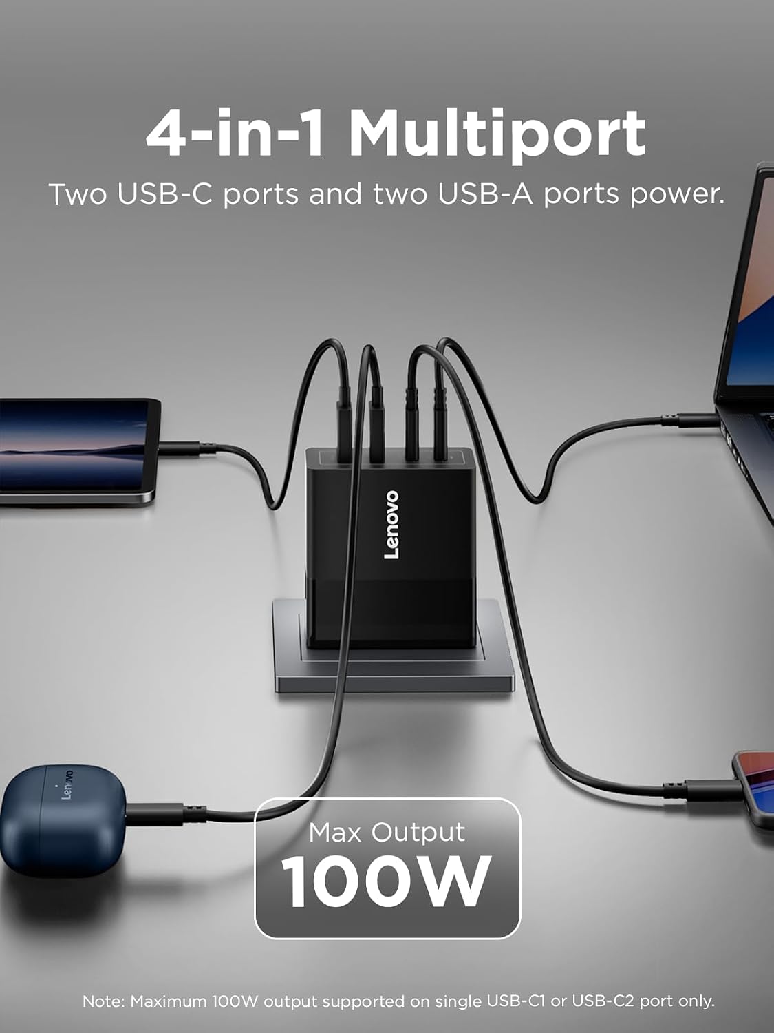 Lenovo 100W USB C Charger, 4-Port Multi-Device Fast Charging, Black GaN Power Block with 240W Cable, for Thinkpad, MacBook, Dell XPS, iPhone, Samsung