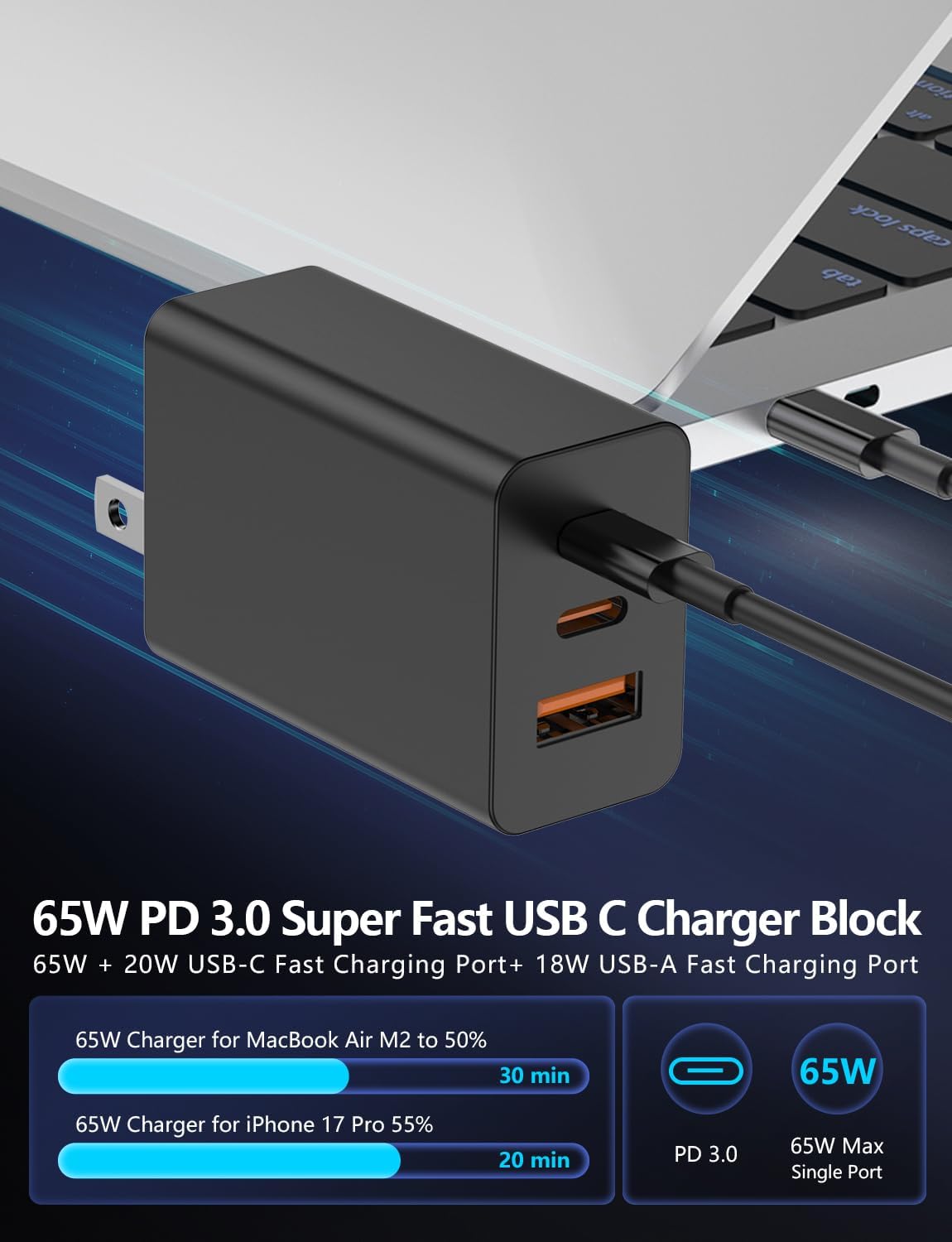 2-Pack 65W USB C Charger Block, 3-Port PD 3.0 Fast Charging Wall Plug | Power Adapter with 65W Type C Ports for iPhone 17/16/15/14/13 Pro Max,for iPad Pro/Air/Mini,Galaxy S26 / S25 and More-Black