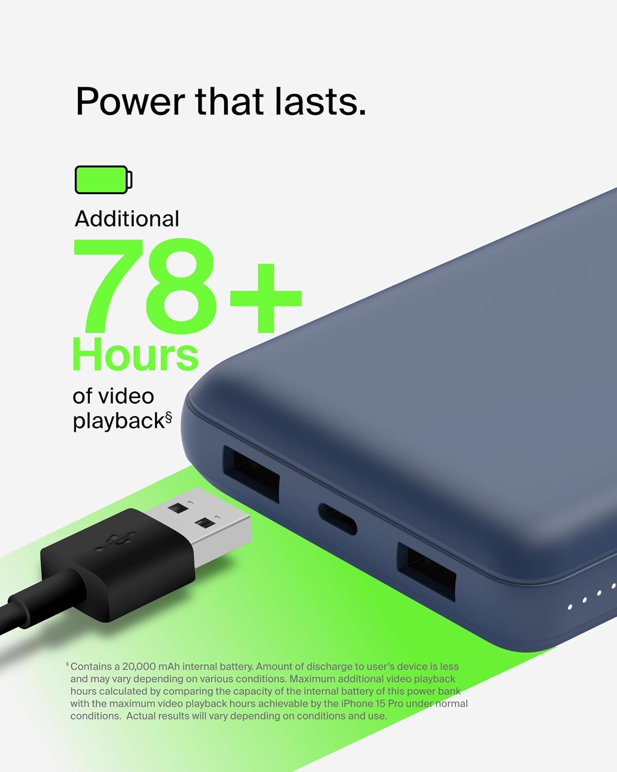 Belkin 20000mAh 15W 3 Port Power Bank, USB A to USB C Cable Included | Fast Charging, iPhone 17, Samsung Galaxy, Pixel, Airpods, iPad, Nintendo Switch 2, Battery Pack, USB C Port, USB A Port