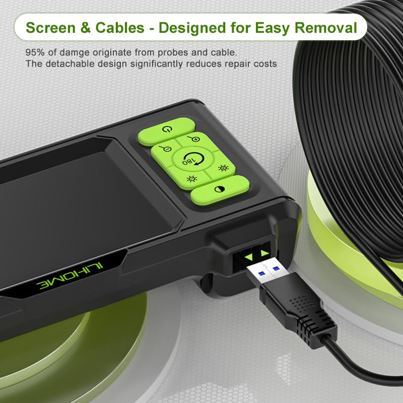 Dual Lens Borescope with Light, 1080P Industrial Endoscope Inspection Camera, 7.9mm IP67 Waterproof, Sewer Camera with 4.3" IPS Screen,8 LED Lights,16.5FT Semi-Rigid Cable.