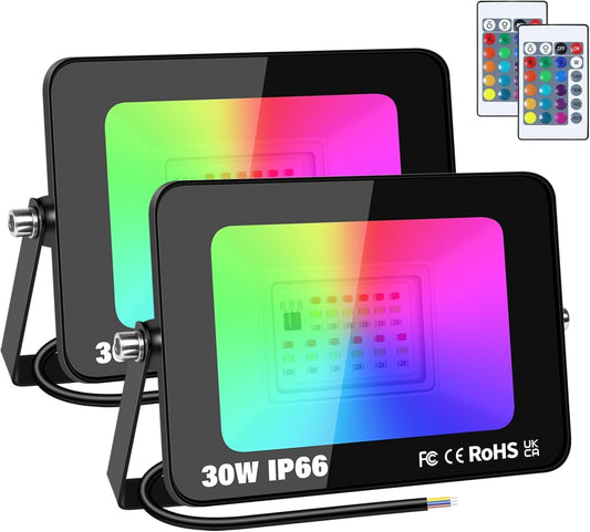 2-Pack 30W RGB LED Flood Light, Remote Outdoor Color Changing Light
