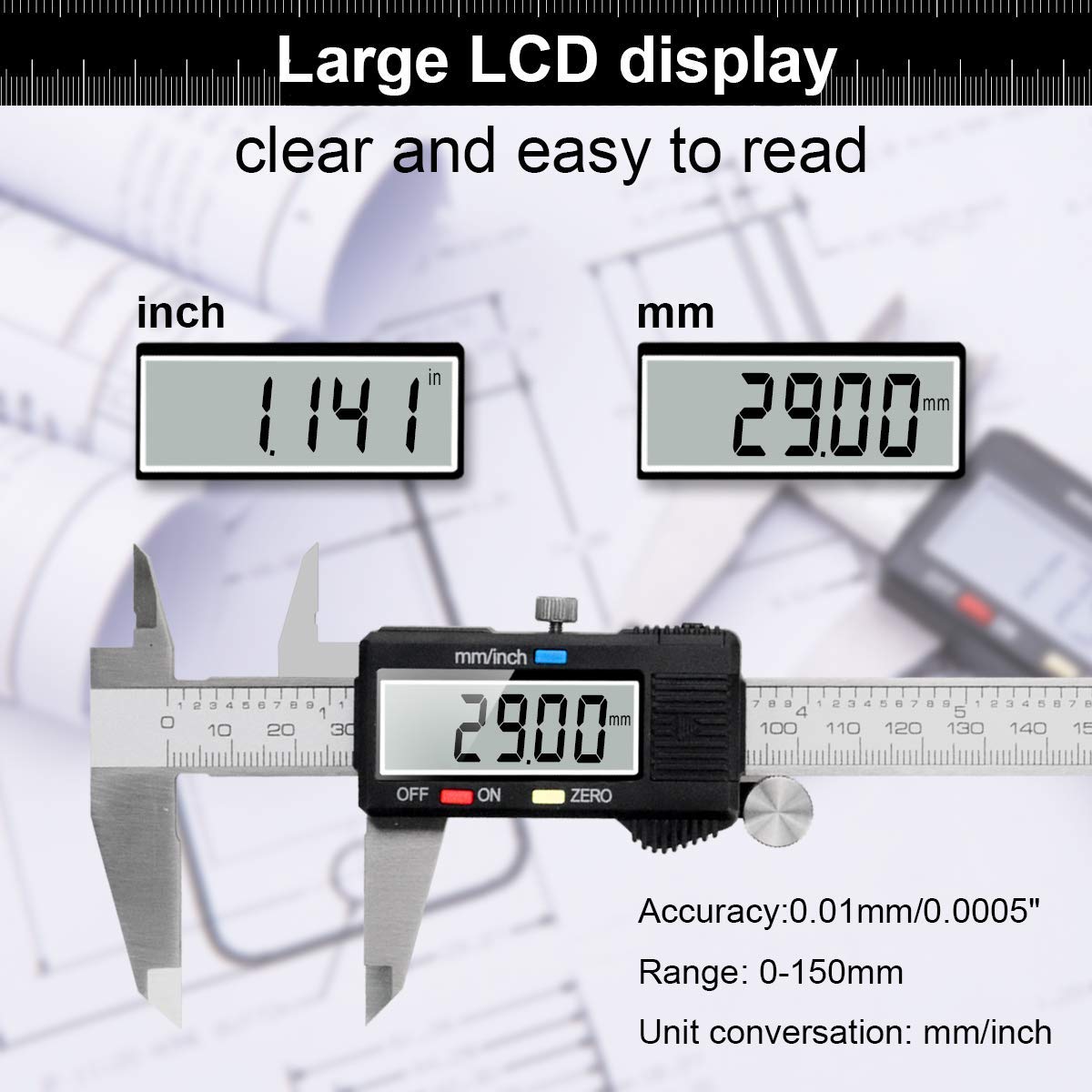 Caliper Measuring Tool, Qfun Vernier Digital Caliper Stainless Steel 6 Inch/150mm, Digital Micrometer Waterproof, Easy Switch from Inch to Millimeter, Large LCD Screen