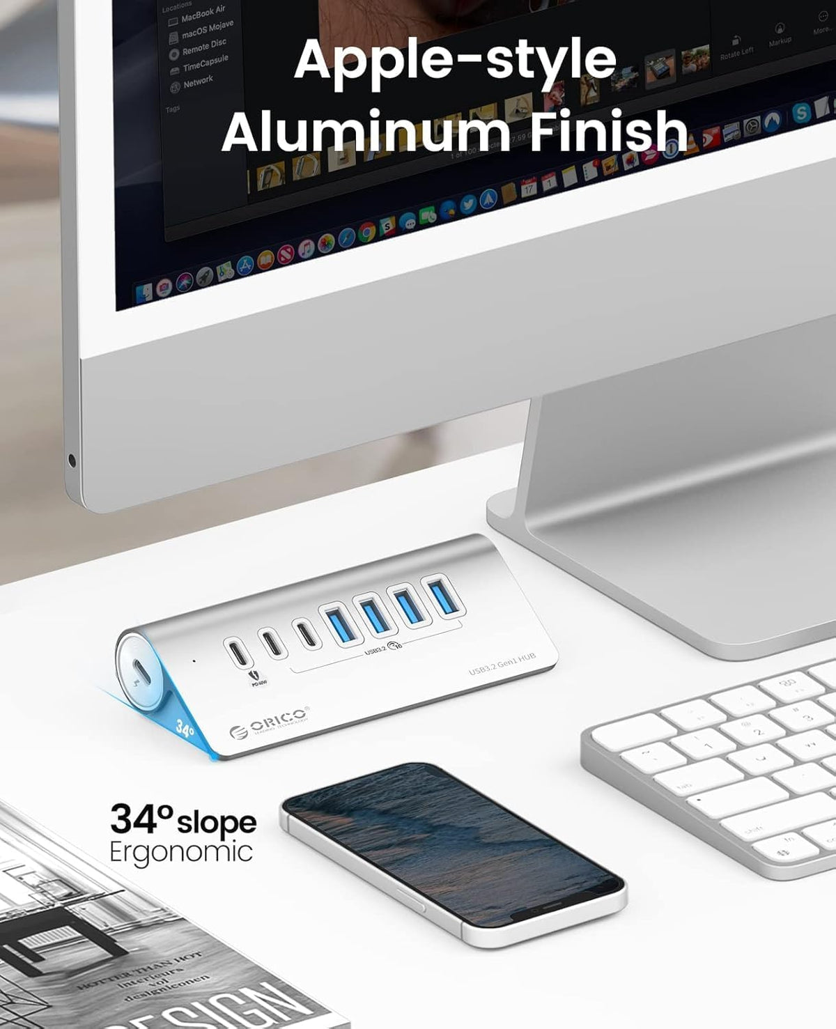 ORICO 7-Port USB 3.2 Gen2 Hub, Powered USB 3.2 Hub with 4 USB-A, 2 USB-C, PD 60W, 72W Power Adapter, 10Gbps Aluminium USB-Splitter with 3.28Ft USB-C to USB-C Cable for iMac, MacBooks, Mac mini