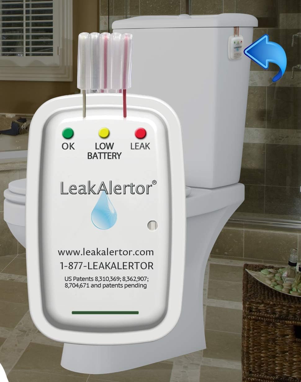 LeakAlertor 6000 Toilet Leak Detector – Installs in Seconds, No Tools Required / Detects Leaks, Running Toilets, and Other Problems That Cause High Water Bills / Visual & Audible Alerts