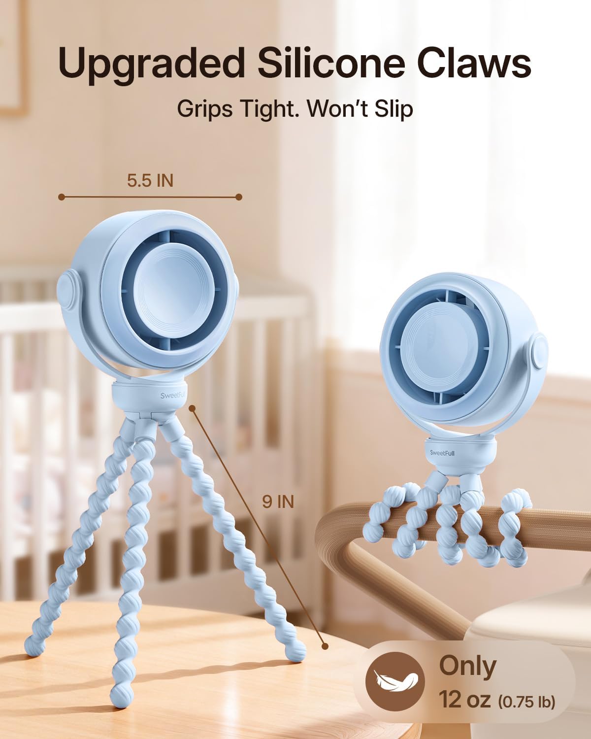 SWEETFULL Portable Stroller Fan, Pinch-Proof Baby Fan - Blue | Wide Turbine Airflow; Safe Design; LED Display; 5-Speed; 30dB Quiet; USB-C Rechargeable; Mini Clip On Fan for Car Seat & Bed