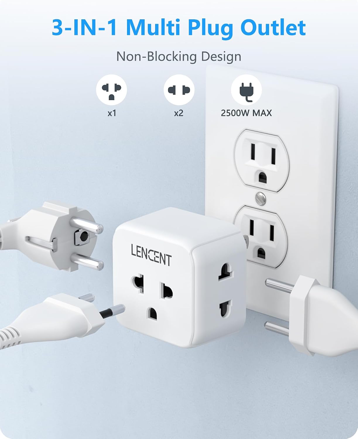 LENCENT EU to US Plug Adapter, European to USA Outlet Adaptor | Travel from Europe to American Outlet, 3-Sided Outlet Extender, Wall Tap, Mini Charger Box, Travel Plug Converter