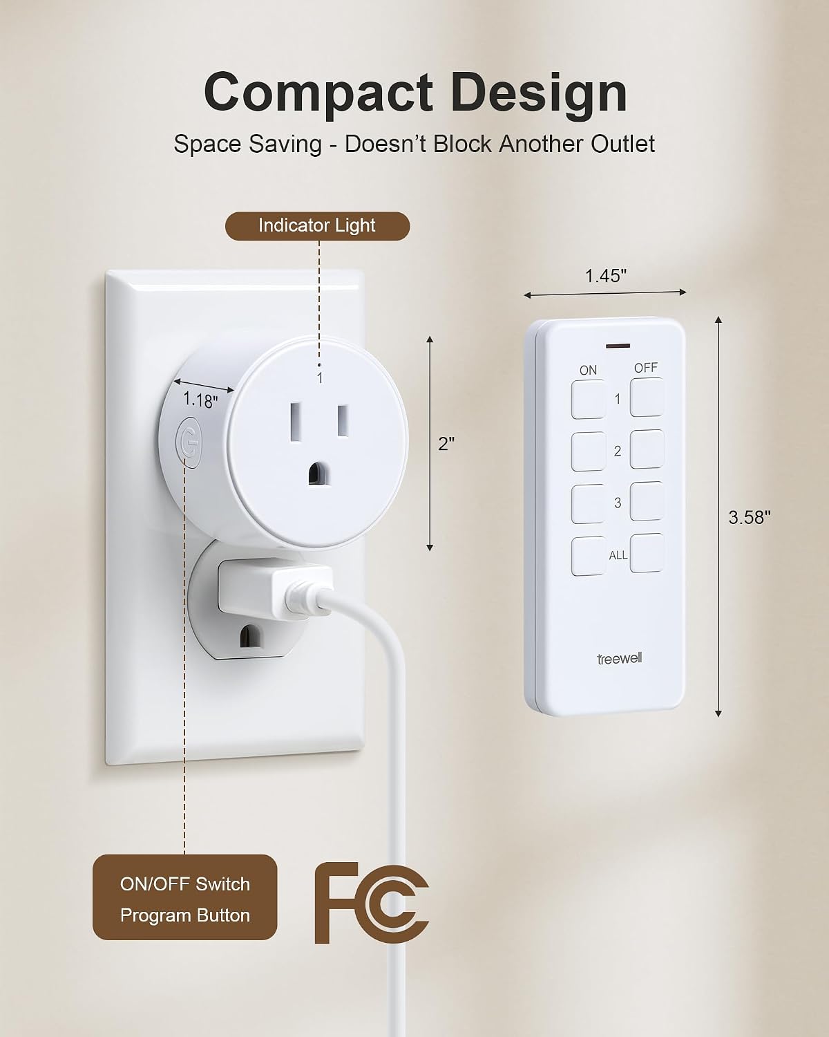 Remote Control Outlet with All ON/Off Portable Magnetic Switch | 200FT Wireless Range, Mini Round Outlet Plug, 15A/1875W, for Lamps/Lights/Household Appliances, FCC listed, Pre-Programmed