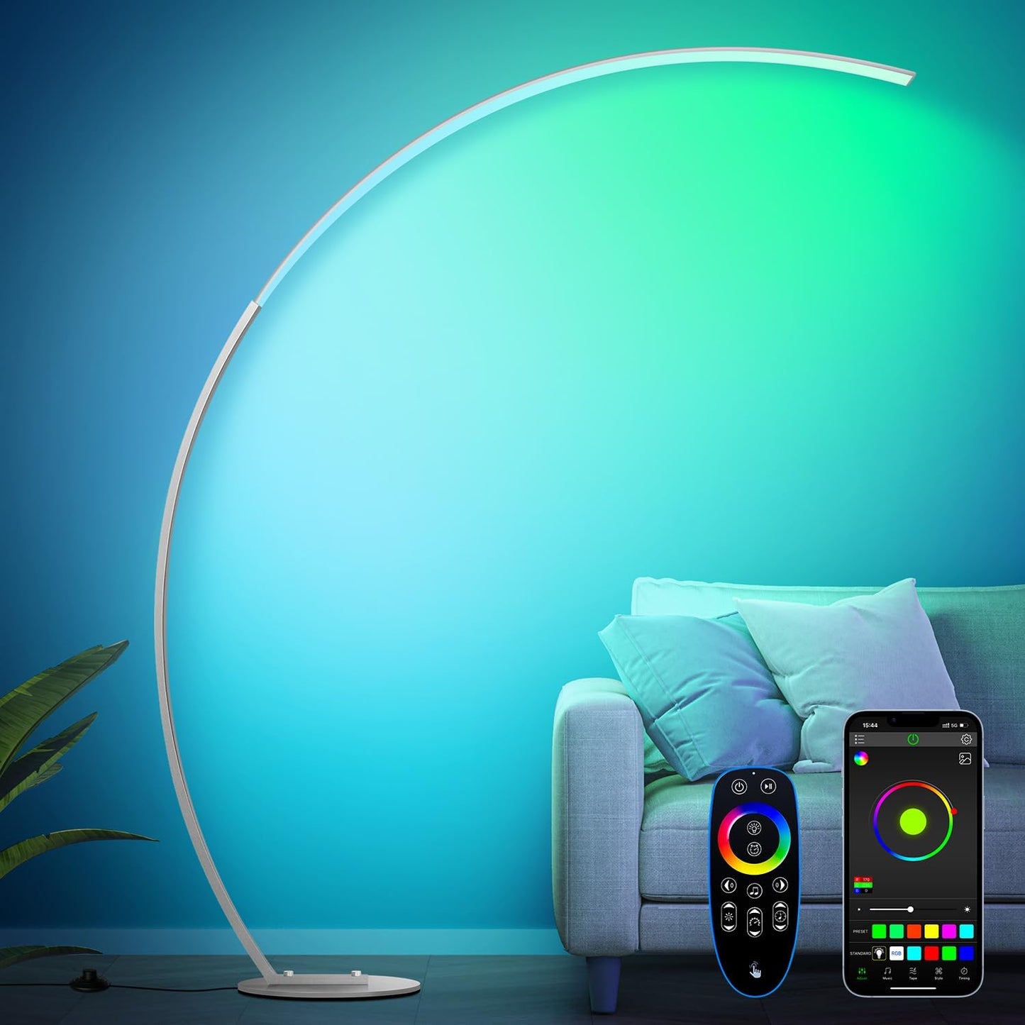 RGB Floor Lamp with 3 Color Temperatures, Ultra Bright 1800LM Smart Arc LED Floor Lamp with Remote Control, Music Sync, Scene Modes, Modern Standing Tall Lamp for Bedroom Living Room-Brushed Nickel