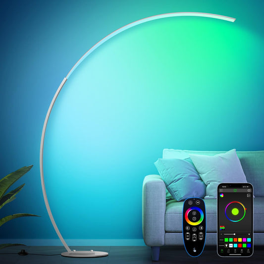RGB Floor Lamp with 3 Color Temperatures, Ultra Bright 1800LM Smart Arc LED Floor Lamp with Remote Control, Music Sync, Scene Modes, Modern Standing Tall Lamp for Bedroom Living Room-Brushed Nickel