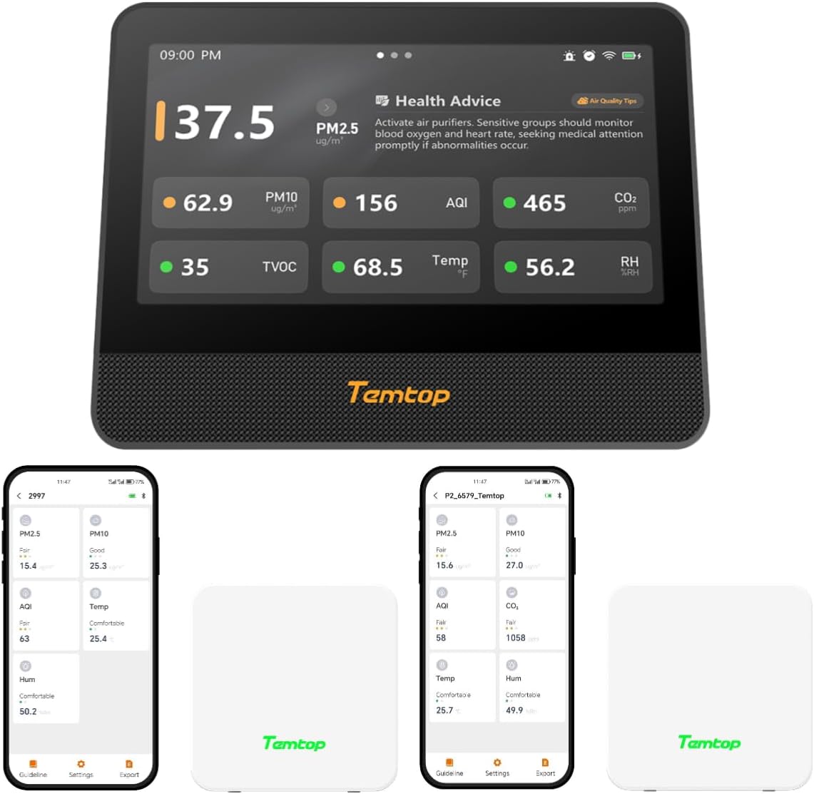 Temtop Ultimate Air Quality Monitoring System: M100 2nd Gen Master Unit with P1 (PM2.5/PM10) & P2 (CO2/PM2.5/PM10) Sensors for Comprehensive Whole-Home Coverage & Smart Insights