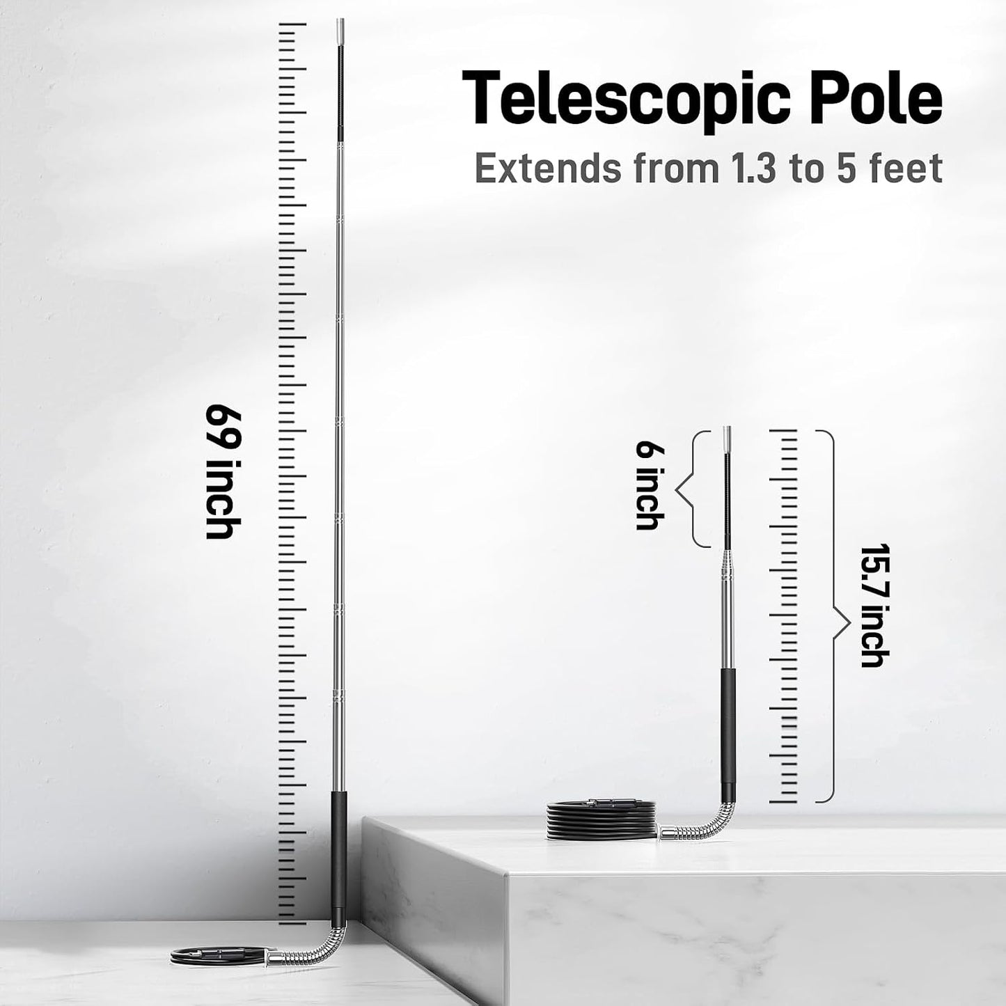 Teslong 5FT Telescopic Endoscope for Ceiling & Roof Inspection | 4.5" IPS Telescoping Pole Camera with 32GB Storage & LED Light - IP67 Waterproof Snake Scope for Wall, Chimney, Gutter, HVAC