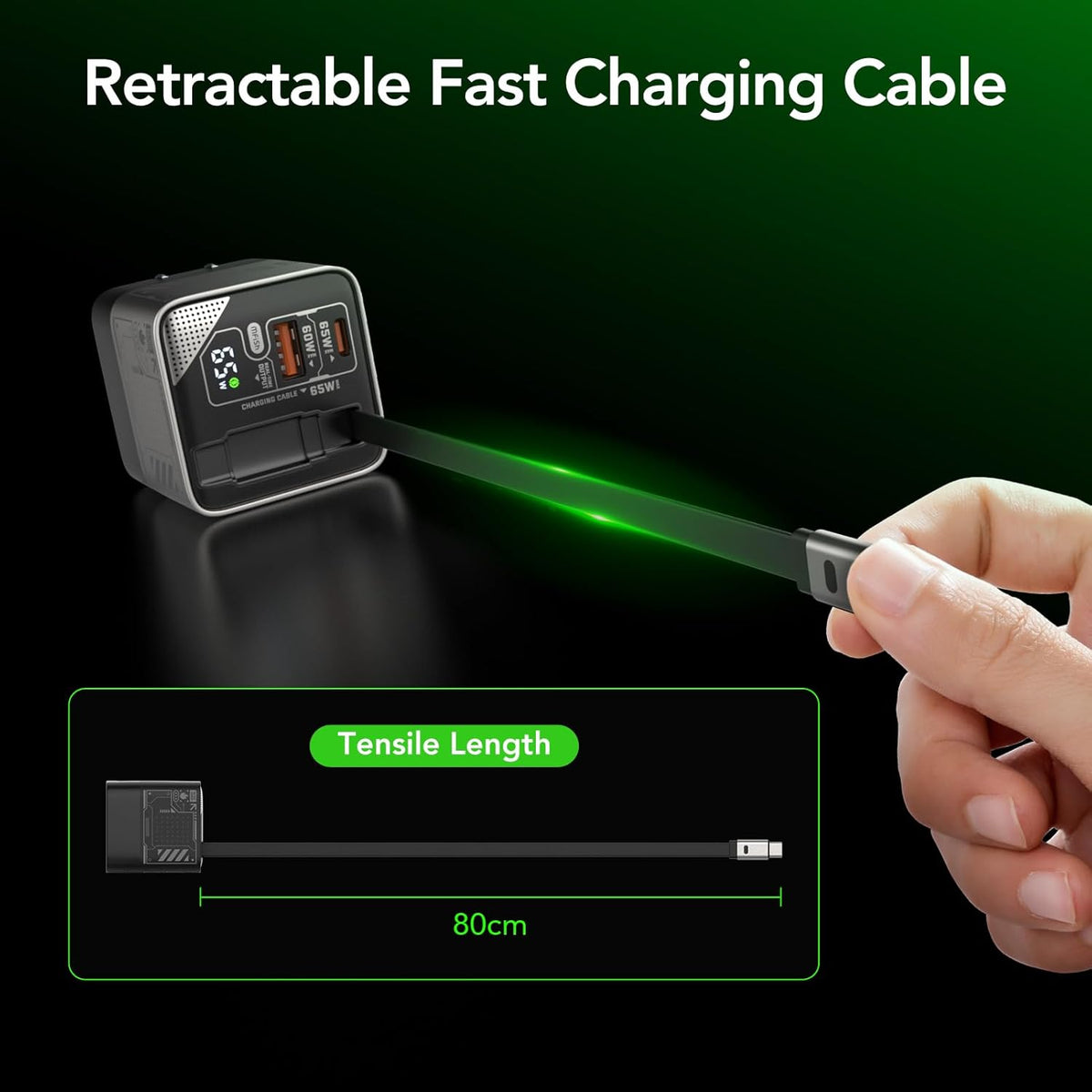 65W GaN Retractable USB-C Wall Charger, Space Silver | Built-in 2.6ft Retractable USB-C Cable, Digital Display, USB-C & USB-A Charger Block, Foldable Plug, For MacBook, iPad, Phone