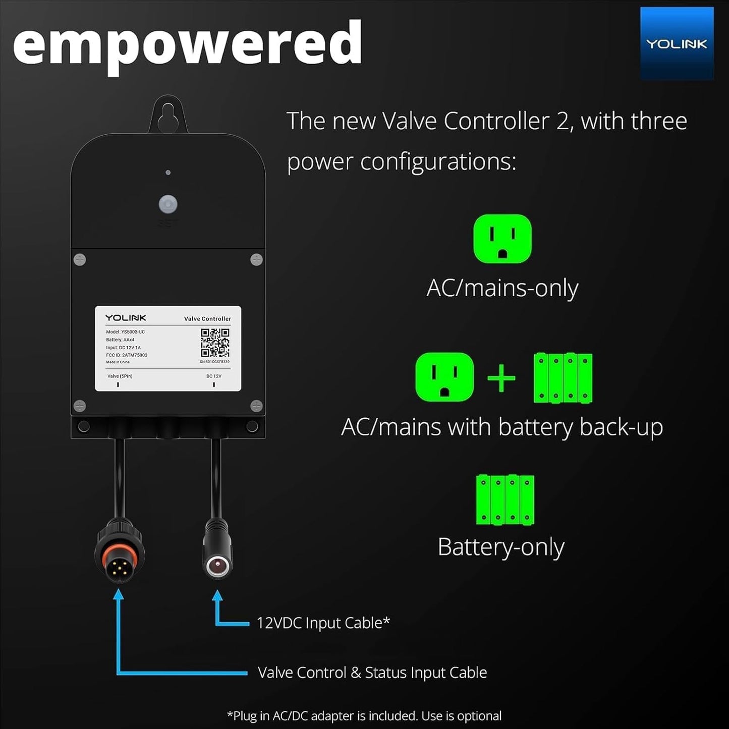 YoLink Wireless Smart Valve Control Kit, NSF Certified 3/4" Stainless Steel Motorized Valve, Wireless Controller 2, LoRa Long Range, D2D Offline with Leak Sensors, 2 Years Battery backup