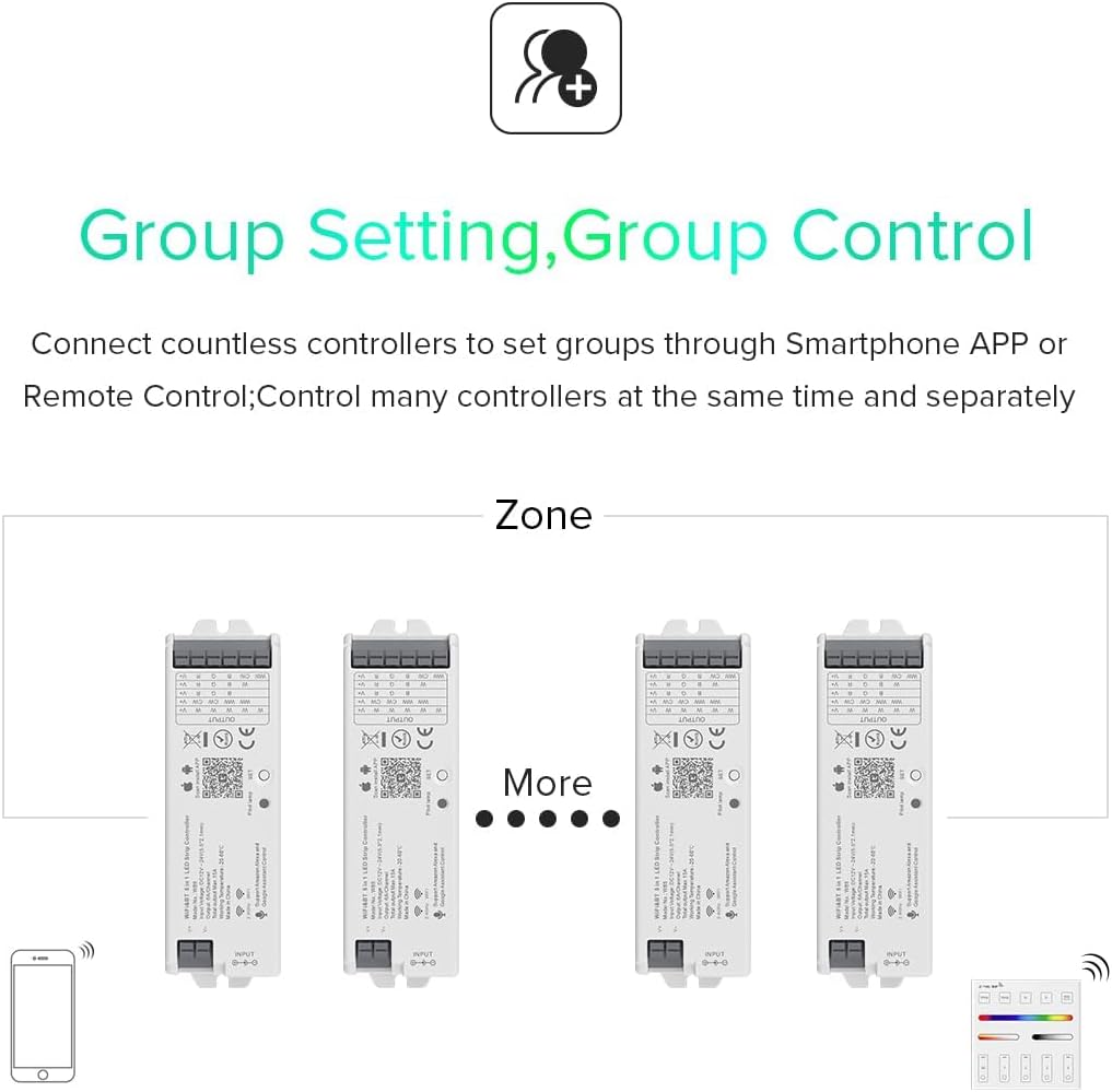 BTF-LIGHTING 5-in-1 WB5 2.4GHz WiFi LED Controller, PWM Dimmer Compatible with Alexa/Google Home/Tuya Smart/Smart Life APP, for Dimming/CCT/RGB/RGBW/RGBCCT Strip Light, Work with WR01RF, WR02RF, etc.