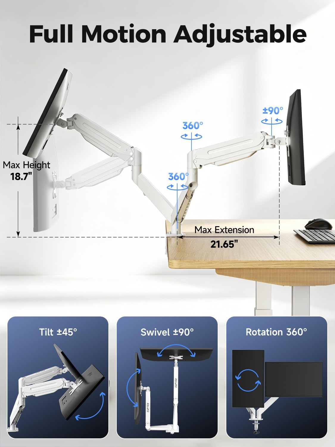Suptek Dual Monitor Mount Stand-Height Adjustable Gas Spring Monitor Arm Desk Mount for 2 Monitor Screens 17 to 35 inches - Each Arm Holds up to 22lbs,White(MD8SPW)