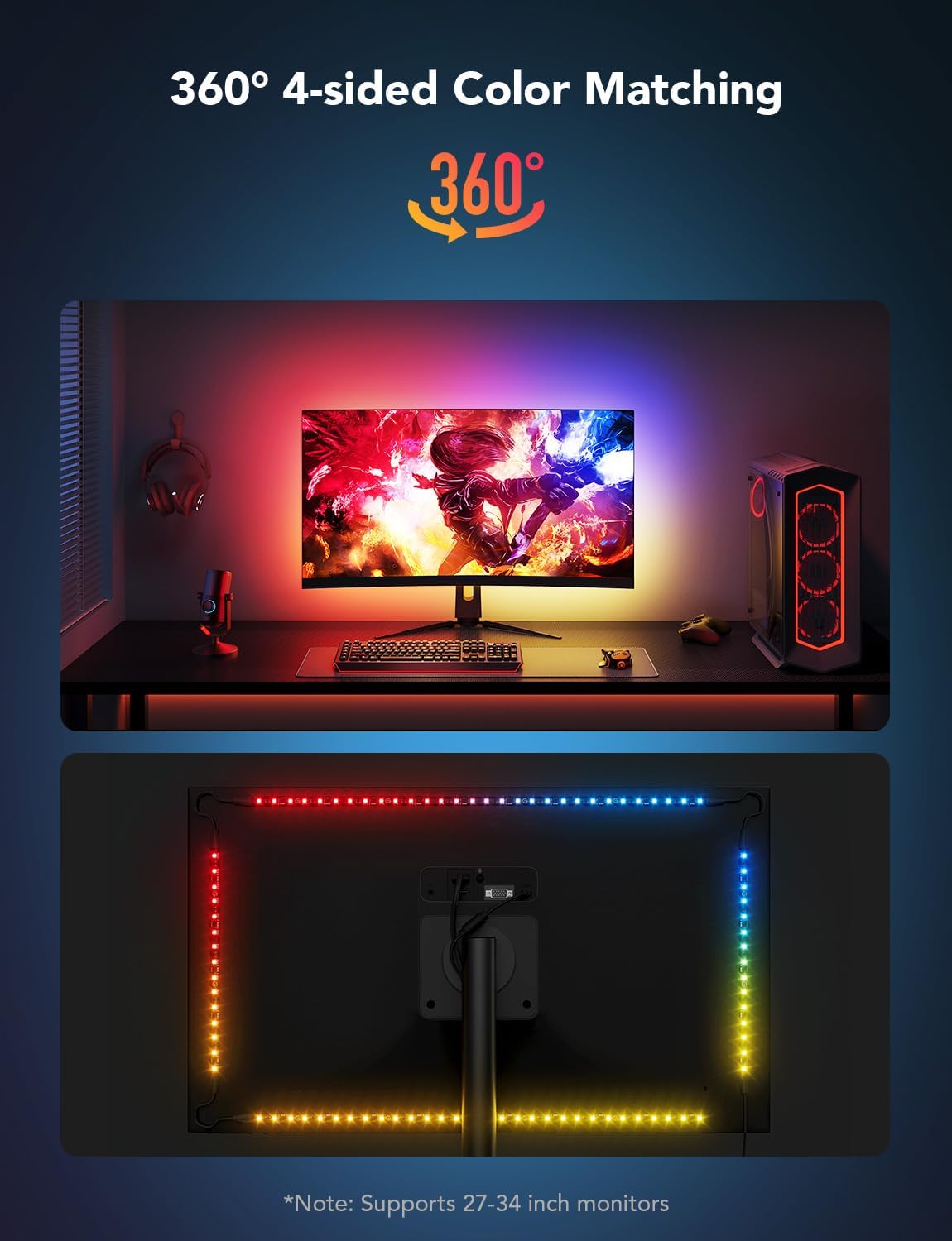 Govee Gaming Light for Monitor G1, RGBIC LED Backlight for 27-34 Inch PC | Smart LED Lights for Monitors with Color Matching, Adapts to Curved Monitors, Double Strip Light Beads with 123 Scene Modes