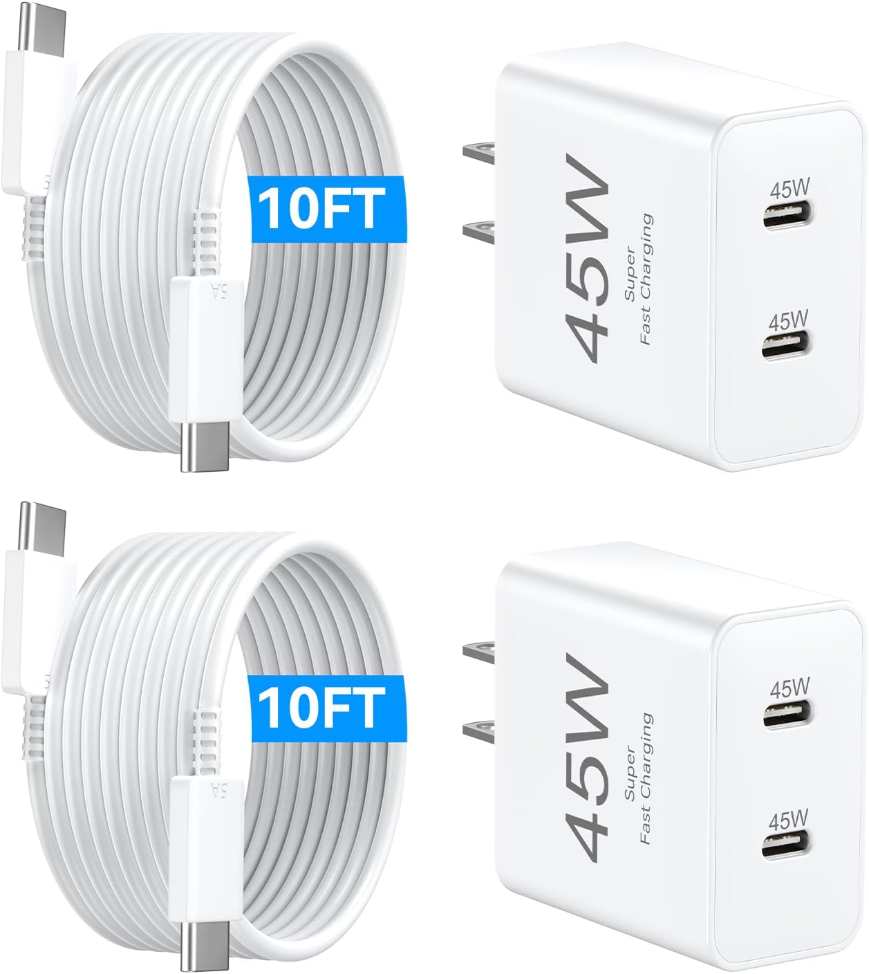 USB C iPhone Fast Charger,45W USBC Type C Charger with Long 10 FT USB C Fast Charging Cable Cord, Dual USB C Phone Charger Block for iPhone 17 Pro Max/17 Pro/Air/17/16/16 ProMax/Plus/S24/S25/S26