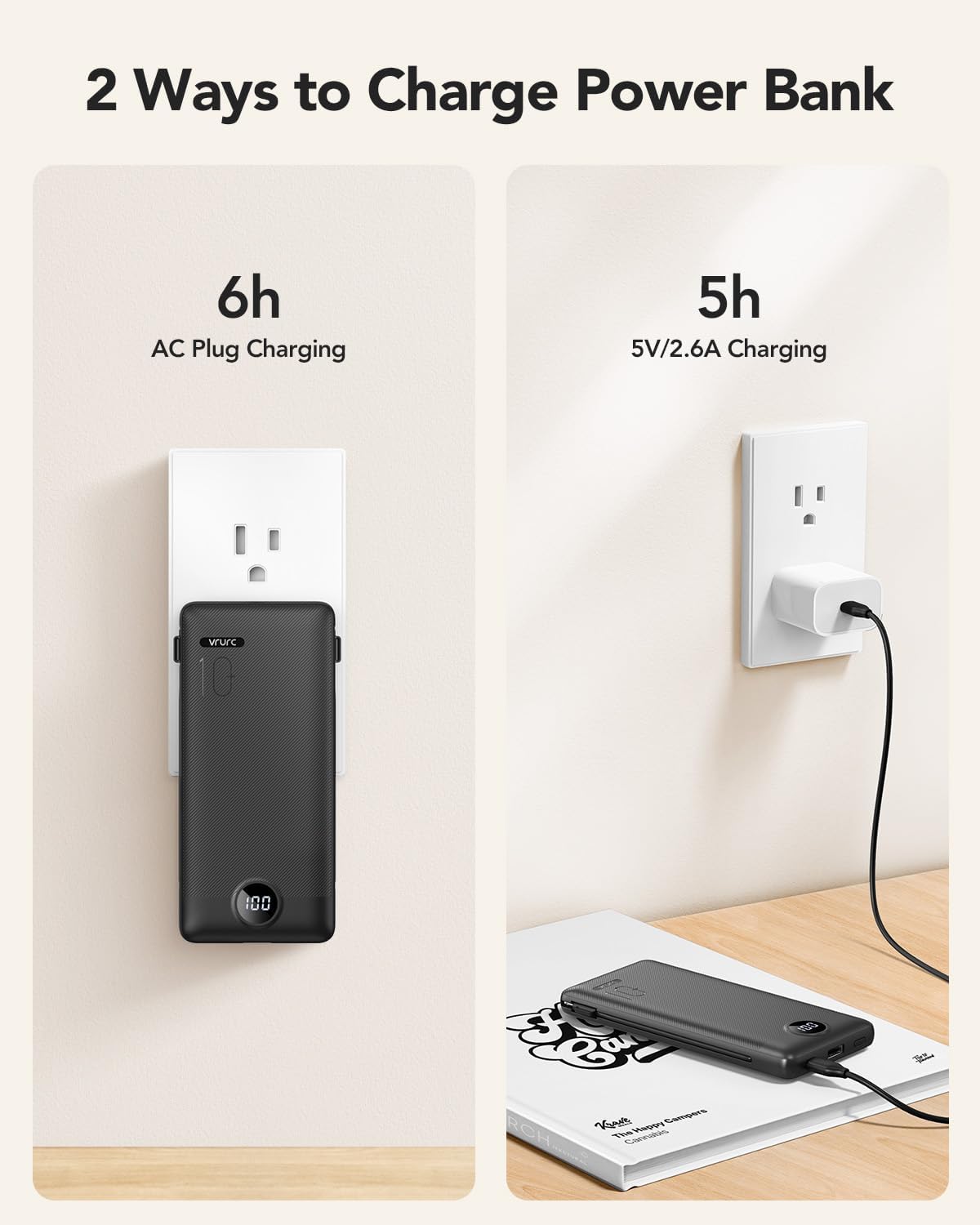 VRURC Portable Charger, Power Bank Built-in Cables and AC Wall Plug | USB C Portable Bank 10000mAh,Travel Essentials Phone Charger Compact External Battery Pack for Smart Phones,Tablets-Black