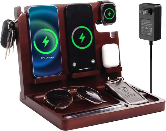 Wood Phone Docking Station 27W Fast Charging 2 Phone Wireless Charging Station for iosPhone/Android/iWatch/Air Pod Nightstand Organizer for Men/Women AnniversaryBirthday Gifts for him